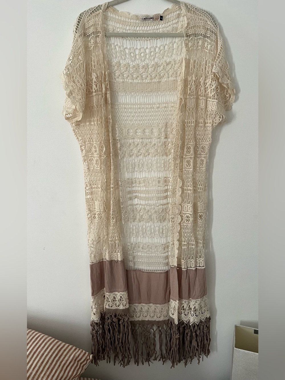 Boho Crochet Duster with Fringe - Cream & Taupe